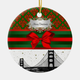 San Francisco Skyline Red Green Damask #2 Bow Xmas Ceramic Tree Decoration