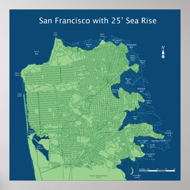 San Francisco Streets with 25ft Sea Level Rise Poster (Front)