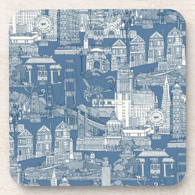 San Francisco toile cobalt denim Coaster (Front)