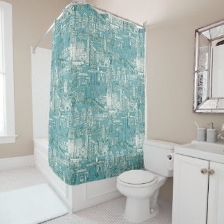 San Francisco toile viridian turquoise blue Shower Curtain