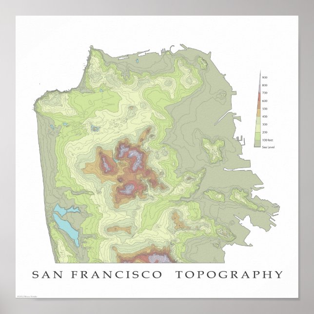 San Francisco Topo Map - White - 12x12 Poster (Front)