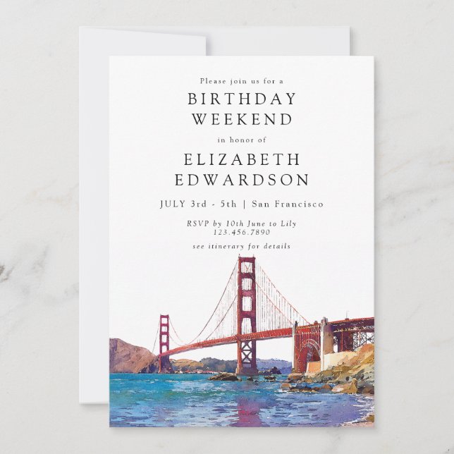 San Francisco  Watercolor Birthday Weekend Invitation (Front)