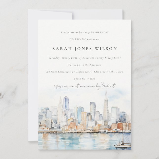 San Francisco Watercolor Landscape Birthday Invitation (Front)
