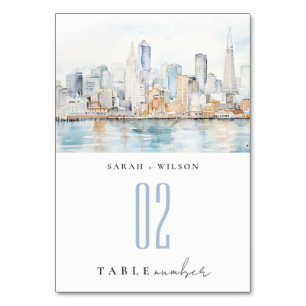 San Francisco Watercolor Landscape Wedding Table Number