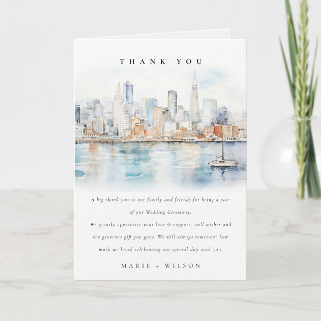 San Francisco Watercolor Landscape Wedding Thank You Card (Front)