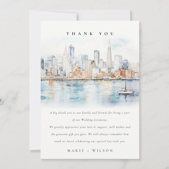 San Francisco Watercolor Landscape Wedding Thank You Card (Front)