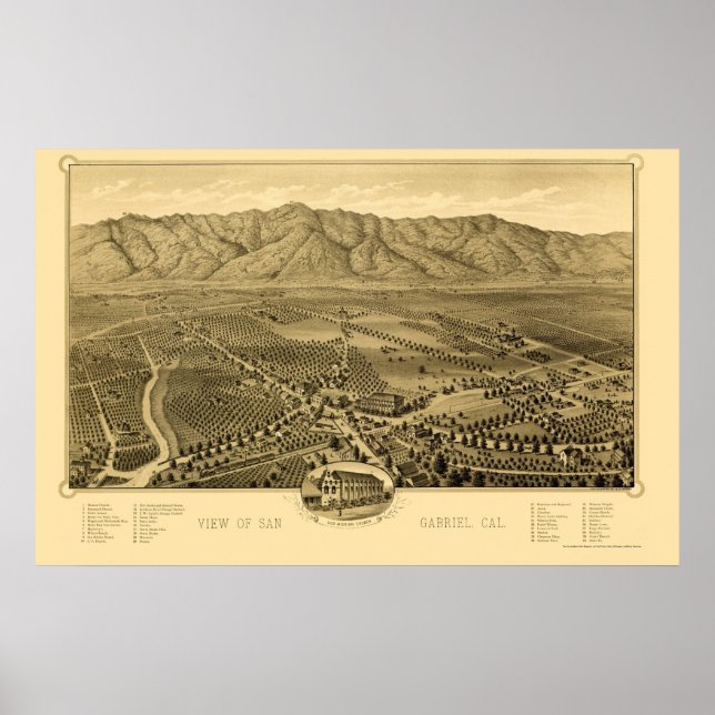 San Gabriel, CA Panoramic Map - 1893 Poster (Front)