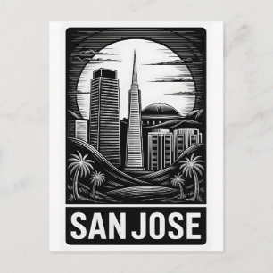 San Jose California Black White Woodcut Postcard