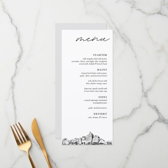 San Jose Skyline Modern Wedding Dinner Menu (Front/Back In Situ)