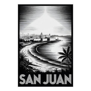 San Juan Puerto Rico Black White Woodcut Skyline Poster