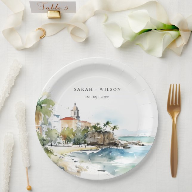 San Juan Puerto Rico Watercolor Landscape Wedding Paper Plate (Wedding)