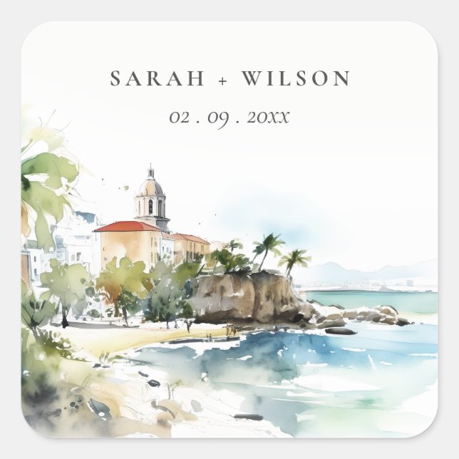 San Juan Puerto Rico Watercolor Landscape Wedding Square Sticker (Front)