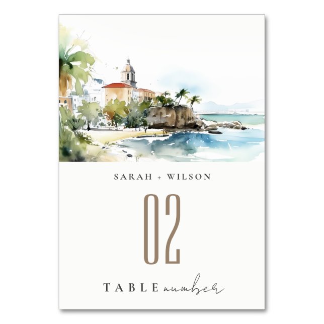 San Juan Puerto Rico Watercolor Landscape Wedding Table Number (Front)