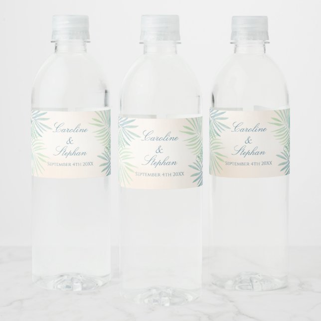 Sand and Palms Beach Wedding Water Bottle Label (Bottles)