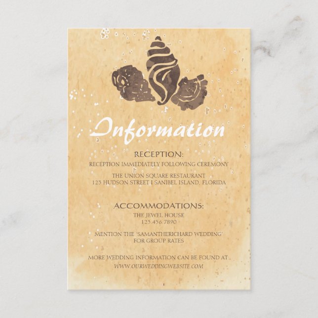 Sand and Sea Shells/Beach Wedding Information Card (Front)