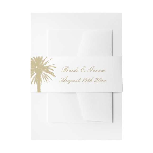 Sand beige colour tropical palm tree beach wedding invitation belly band (Front Example)