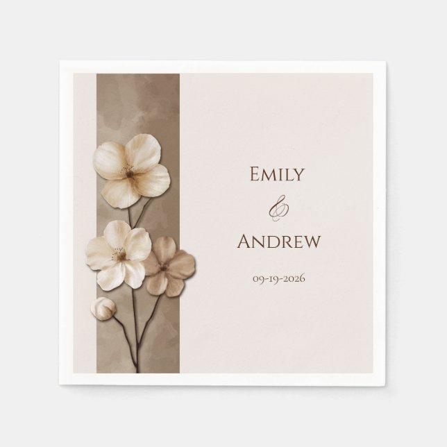 Sand Beige Hand Drawn Floral Botanical Wedding Napkin (Front)