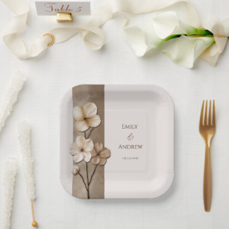 Sand Beige Hand Drawn Floral Botanical Wedding Paper Plate