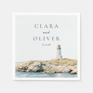 Sand Beige Lighthouse Cocktail Hour Beach Wedding Napkin