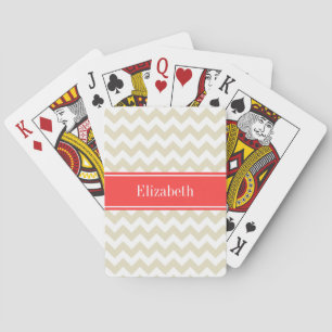 Sand Beige White Chevron Coral Red Name Monogram Playing Cards