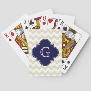 Sand Beige White Chevron Navy Quatrefoil Monogram Playing Cards