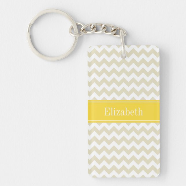 Sand Beige White Chevron Pineapple Name Monogram Key Ring (Front)