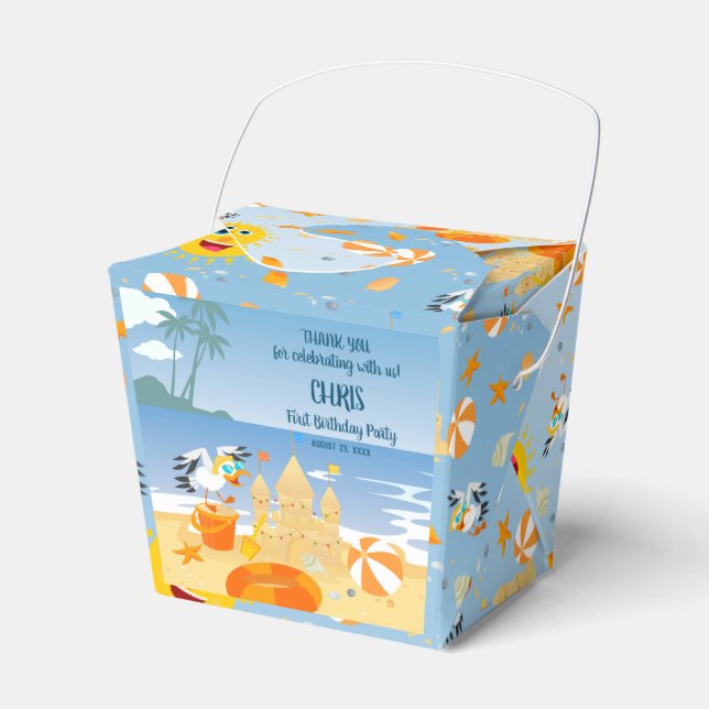 Sand castle beach fun baby boy birthday party favour box (Front Side)
