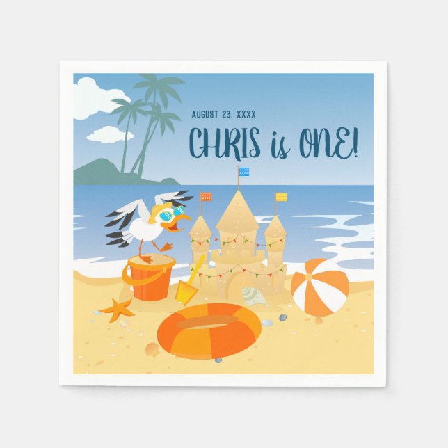 Sand castle beach fun baby boy birthday party napkin (Front)