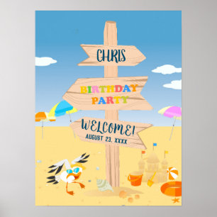 Sand castle beach fun baby boy birthday party poster
