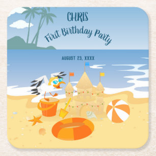 Sand castle beach fun baby boy birthday party square paper coaster