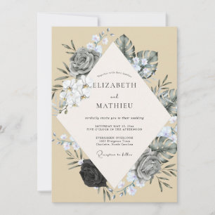 Sand Charcoal Leaf Wedding Invitation