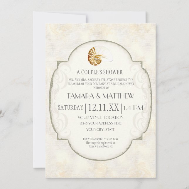 Sand Damask Nautilus Shell Ocean Beach Nautical Invitation (Front)