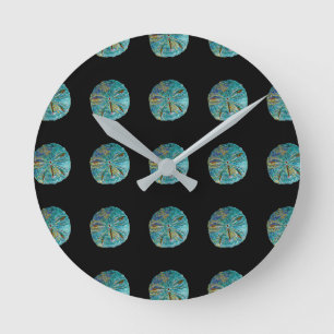 Sand Dollar Abstract Pattern Gift Favour Teal Blac Round Clock