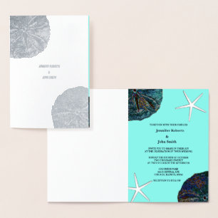 Sand Dollar Abstract Seashells Beach Wedding Teal Foil Card