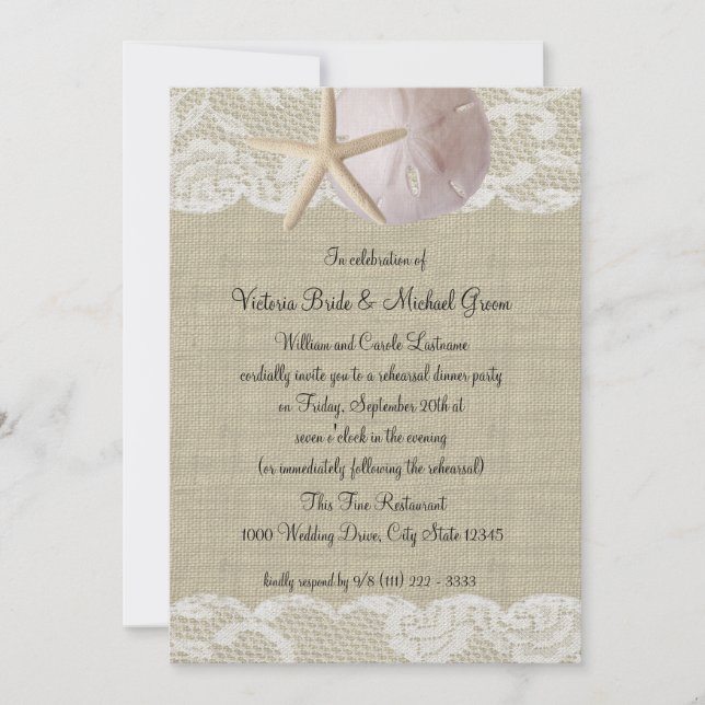 Sand Dollar and Lace Rehearsal Dinner Invitation (Front)