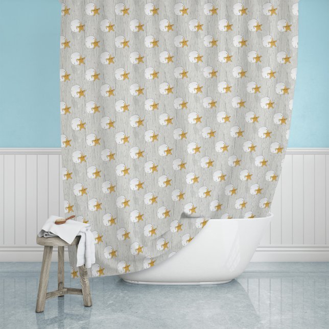Sand Dollar and Starfish on Driftwood Background Shower Curtain (Creator Uploaded)