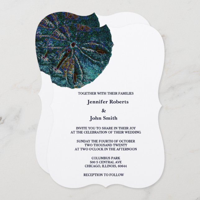 Sand Dollar Art Abstract Beach Wedding Blue Silver Invitation (Front/Back)
