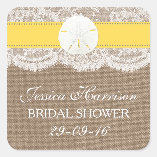Sand Dollar Beach Bridal Shower - Yellow Square Sticker (Front)