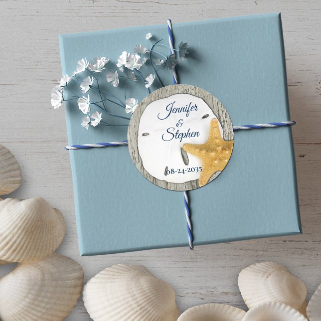 Sand Dollar Beach Driftwood Rustic Wedding Classic Classic Round Sticker (Creator Uploaded)