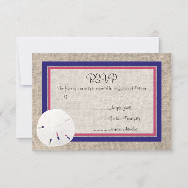 Sand Dollar Beach Wedding RSVP card - Melon Navy (Front)
