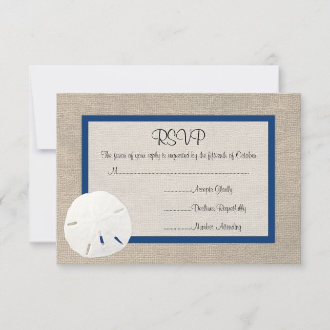 Sand Dollar Beach Wedding RSVP card - Peacock Blue (Front)