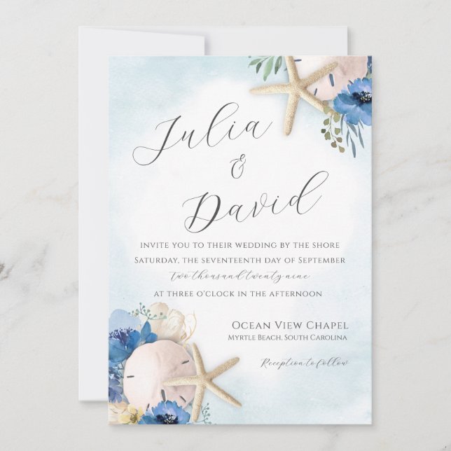 Sand Dollar Blue Floral Beach Wedding Invitation (Front)