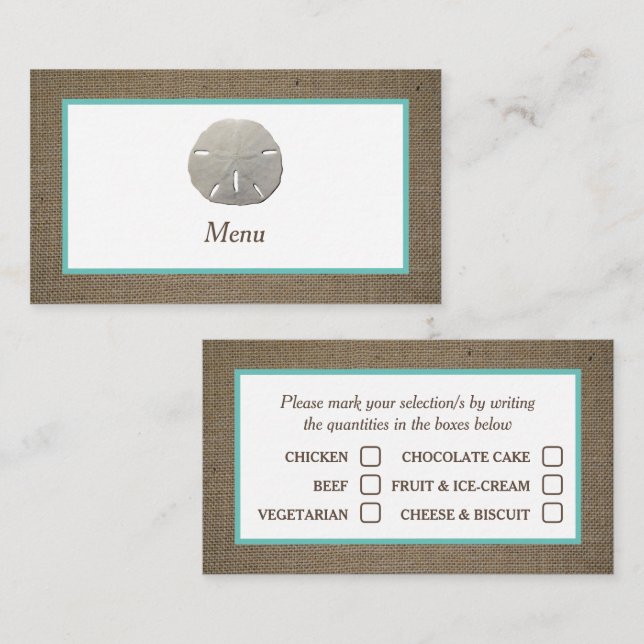 Sand Dollar & Burlap Menu Selection Card (Front/Back)