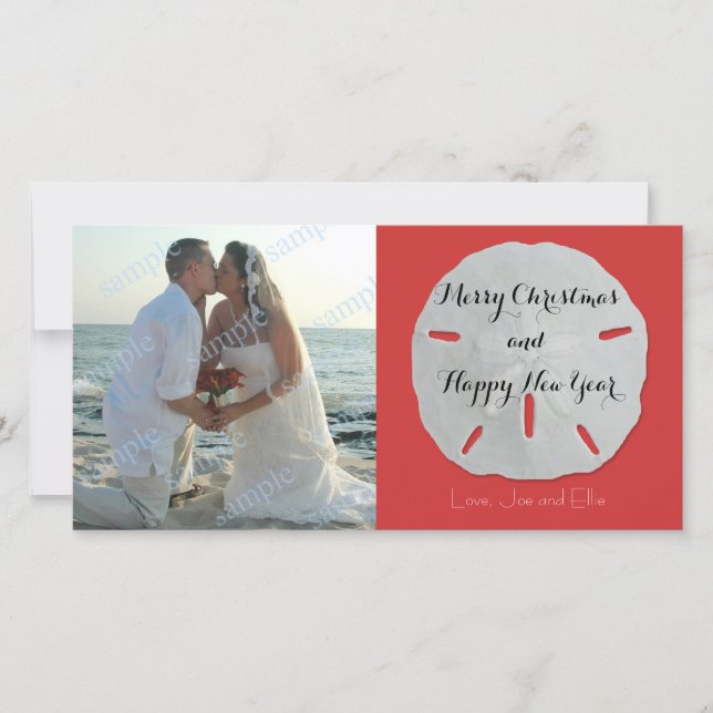 Sand Dollar Christmas Photo Card Red and White (Front)