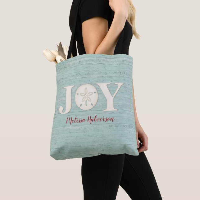 Sand Dollar Coastal Christmas Joy Blue Tote Bag (Close Up)