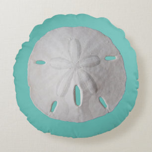 Sand dollar ocean beach turquoise white round cushion