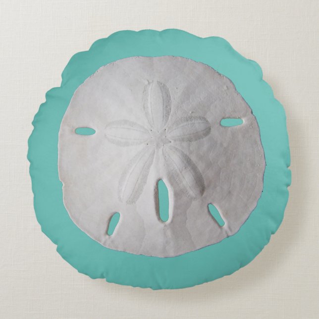 Sand dollar ocean beach turquoise white round cushion (Front)