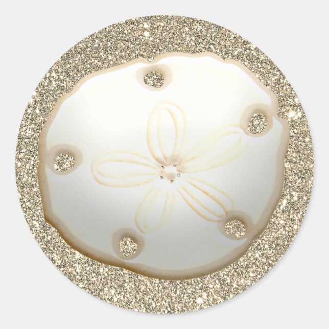Sand dollar on sparkly gold beach sand classic round sticker (Front)