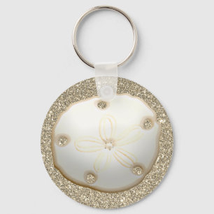 Sand dollar on sparkly gold beach sand key ring
