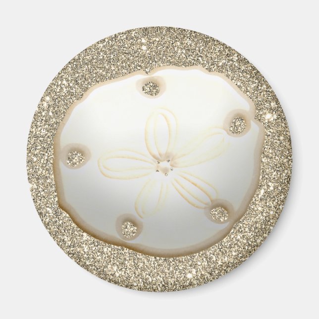 Sand dollar on sparkly gold beach sand magnet (Front)